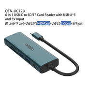 Onten UC120 Lettore di schede 6 in 1 da USB-C a SD/TF con HUB USB a 3 porte e ingresso 5V, UC120