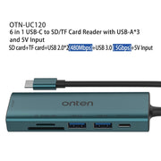 Onten UC120 Lettore di schede 6 in 1 da USB-C a SD/TF con HUB USB a 3 porte e ingresso 5V, UC120
