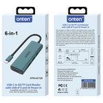 Onten UC120 Lettore di schede 6 in 1 da USB-C a SD/TF con HUB USB a 3 porte e ingresso 5V, UC120