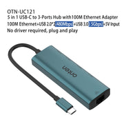 Onten UC121 HUB 5 in 1 da USB-C/Type-C a USB 3.0 con ingresso 5V e scheda di rete 100Mbps, UC121
