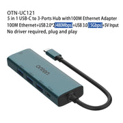 Onten UC121 HUB 5 in 1 da USB-C/Type-C a USB 3.0 con ingresso 5V e scheda di rete 100Mbps, UC121