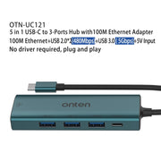 Onten UC121 HUB 5 in 1 da USB-C/Type-C a USB 3.0 con ingresso 5V e scheda di rete 100Mbps, UC121