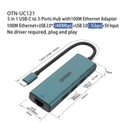 Onten UC121 HUB 5 in 1 da USB-C/Type-C a USB 3.0 con ingresso 5V e scheda di rete 100Mbps, UC121