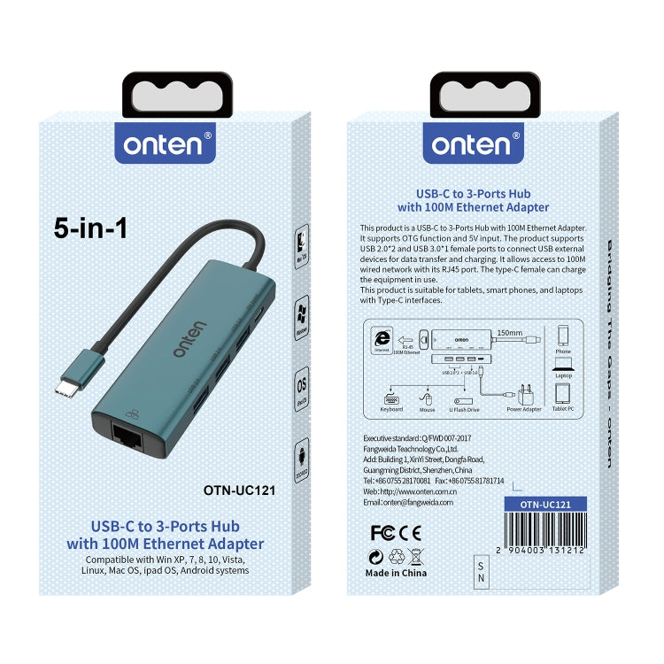 Onten UC121 HUB 5 in 1 da USB-C/Type-C a USB 3.0 con ingresso 5V e scheda di rete 100Mbps, UC121