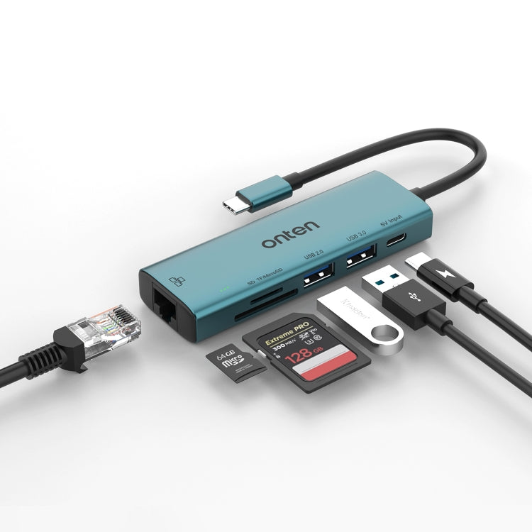 Onten UC122 6 in 1 da USB-C/Tipo-C a SD + scheda TF + HUB USB 3.0 con ingresso 5 V e scheda di rete 100 Mbps, UC122