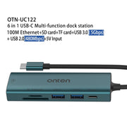 Onten UC122 6 in 1 da USB-C/Tipo-C a SD + scheda TF + HUB USB 3.0 con ingresso 5 V e scheda di rete 100 Mbps, UC122