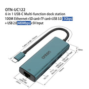 Onten UC122 6 in 1 da USB-C/Tipo-C a SD + scheda TF + HUB USB 3.0 con ingresso 5 V e scheda di rete 100 Mbps, UC122