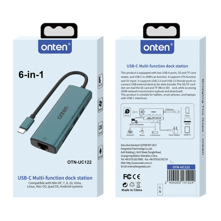 Onten UC122 6 in 1 da USB-C/Tipo-C a SD + scheda TF + HUB USB 3.0 con ingresso 5 V e scheda di rete 100 Mbps, UC122