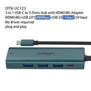 Onten UC123 Docking station HUB 5 in 1 da USB-C/Tipo-C a HDMI + USB 3.0 con ingresso 5V, UC123