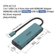 Onten UC123 Docking station HUB 5 in 1 da USB-C/Tipo-C a HDMI + USB 3.0 con ingresso 5V, UC123