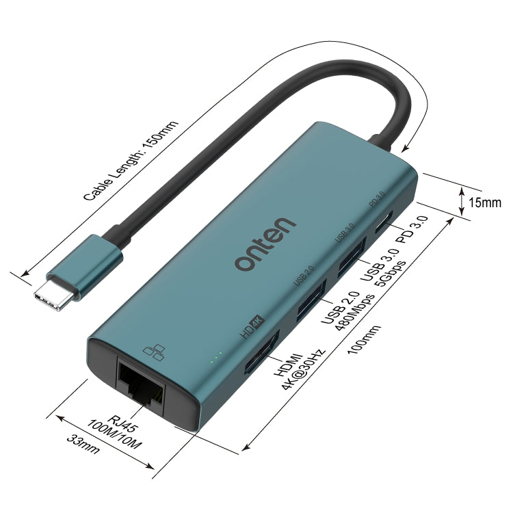 Onten UC125 HUB multifunzione 5 in 1 da USB-C / Type-C a HDMI+USB3.0+PD3.0 con scheda di rete da 100 Mbps, UC125