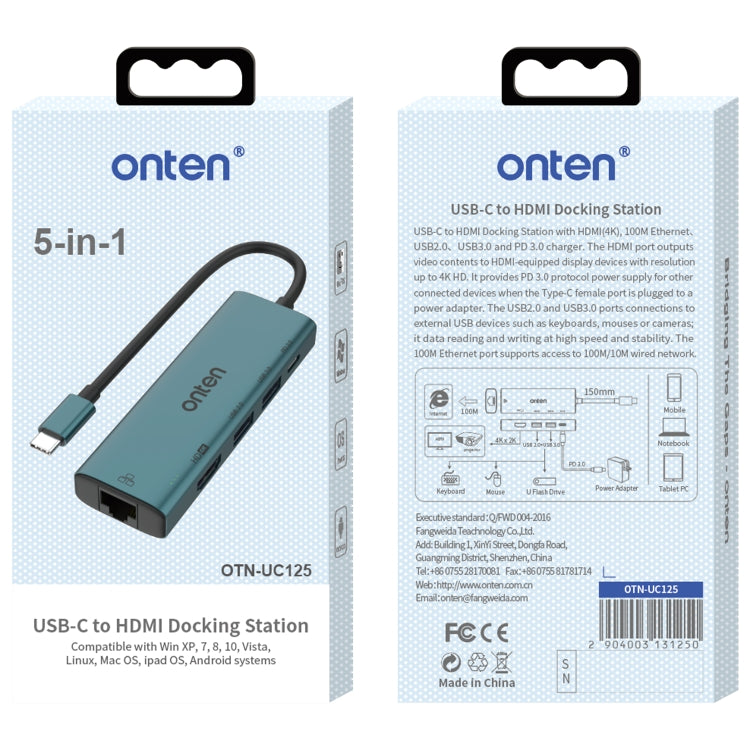 Onten UC125 HUB multifunzione 5 in 1 da USB-C / Type-C a HDMI+USB3.0+PD3.0 con scheda di rete da 100 Mbps, UC125