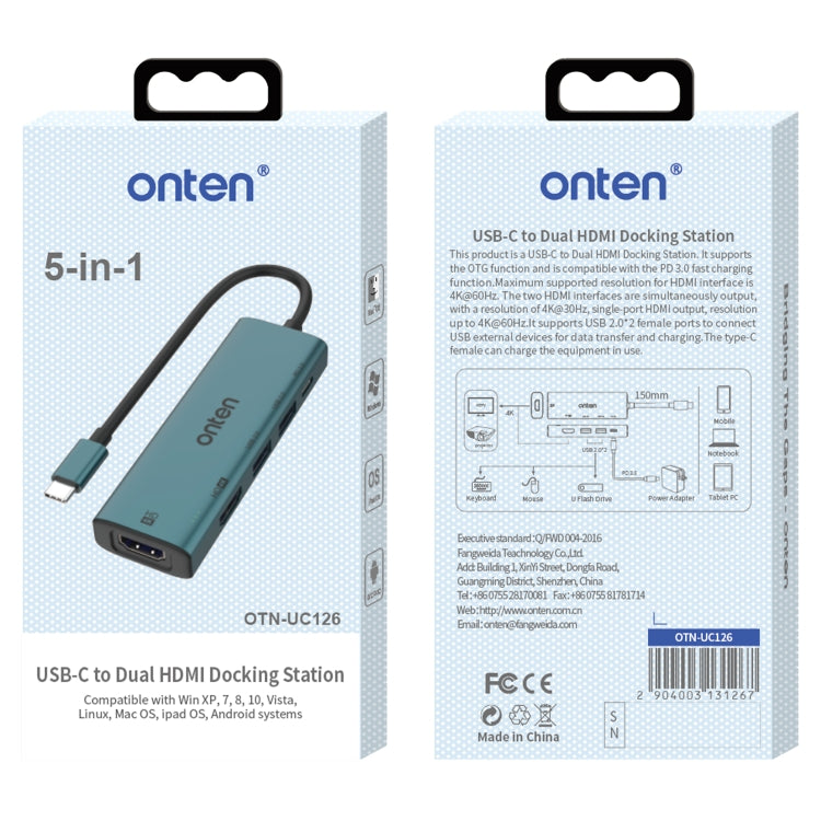 Onten UC126 Docking station HUB multifunzione 5 in 1 da USB-C/Tipo-C a doppio HDM I+ USB2.0 + PD3.0, UC126
