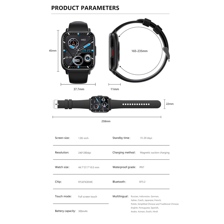 DM05 Orologio sportivo intelligente BT5.2 da 1,83 pollici, supporto per sonno/frequenza cardiaca/ossigeno nel sangue/temperatura/zucchero cardiaco/monitoraggio della pressione sanguigna
