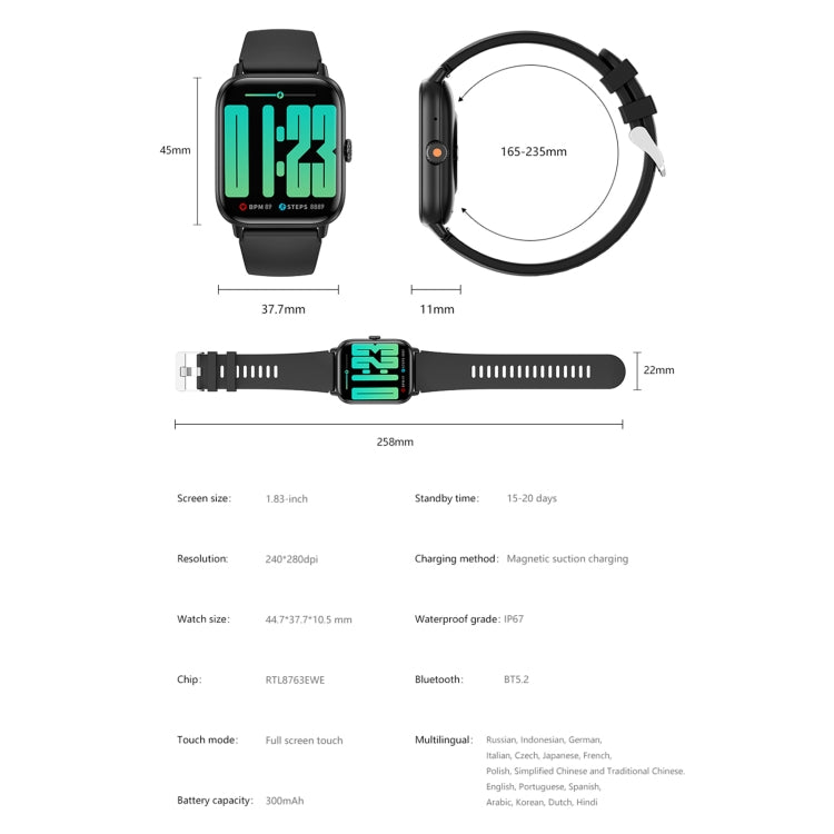 QS13 Orologio sportivo intelligente BT5.2 da 1,83 pollici, supporto chiamata Bluetooth/sonno/glicemia/ossigeno nel sangue/frequenza cardiaca/monitoraggio della pressione sanguigna