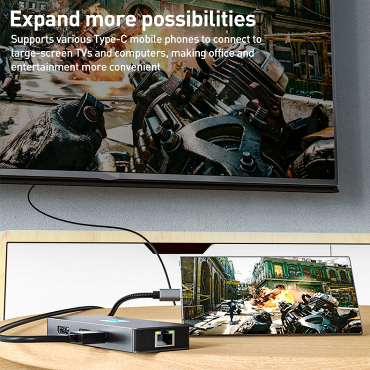 BYL-2401 Docking station HUB 8 in 1 da tipo C a PD100W + USB 3.0 + HDMI + DP + RJ45 HUB, BYL-2401