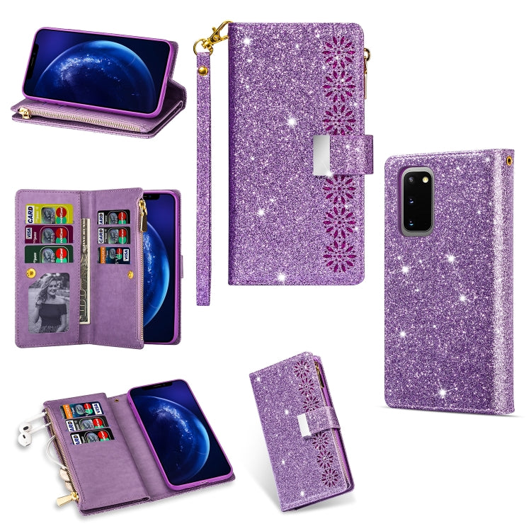 Scomparti multi-scheda Cielo stellato Intaglio laser Custodia in pelle con cerniera orizzontale con cerniera glitterata con supporto, portafoglio e cordino, For Samsung Galaxy S20 Ultra