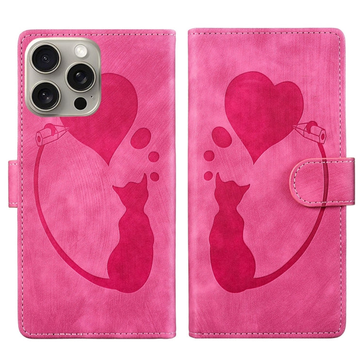 Custodia per telefono in pelle con penna a cuore e gatto in rilievo, For iPhone 15 Pro Max, For iPhone 15 Pro, For iPhone 15 Plus, For iPhone 15