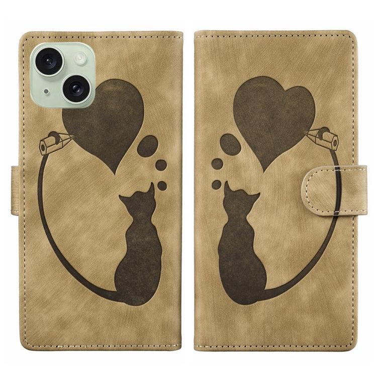 Custodia per telefono in pelle con penna a cuore e gatto in rilievo, For iPhone 15 Pro Max, For iPhone 15 Pro, For iPhone 15 Plus, For iPhone 15