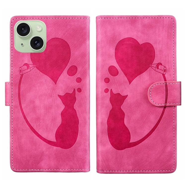 Custodia per telefono in pelle con penna a cuore e gatto in rilievo, For iPhone 15 Pro Max, For iPhone 15 Pro, For iPhone 15 Plus, For iPhone 15