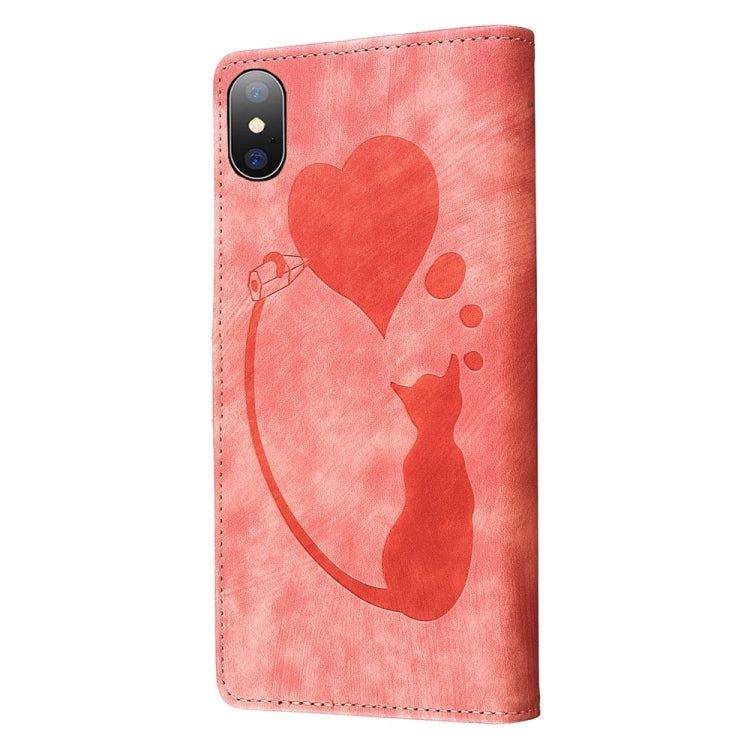 Custodia per telefono in pelle con penna a cuore e gatto in rilievo, For iPhone X / XS, For iPhone XR, For iPhone XS Max, For iPhone 7 Plus / 8 Plus