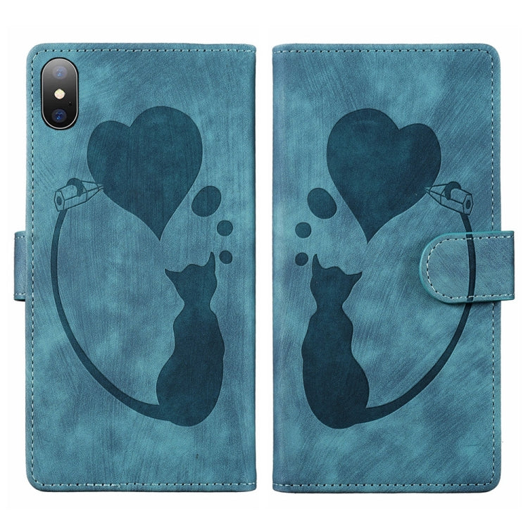 Custodia per telefono in pelle con penna a cuore e gatto in rilievo, For iPhone X / XS, For iPhone XR, For iPhone XS Max, For iPhone 7 Plus / 8 Plus