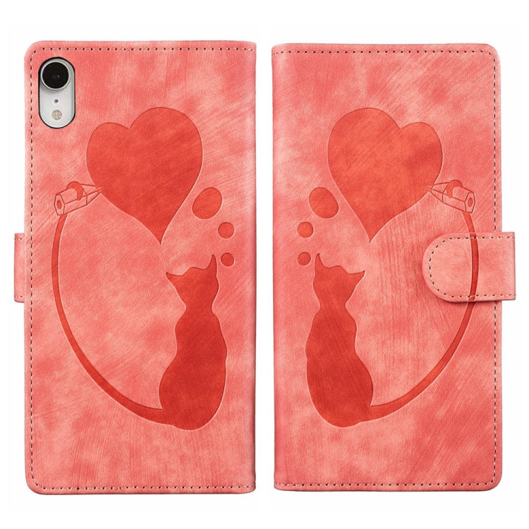 Custodia per telefono in pelle con penna a cuore e gatto in rilievo, For iPhone X / XS, For iPhone XR, For iPhone XS Max, For iPhone 7 Plus / 8 Plus