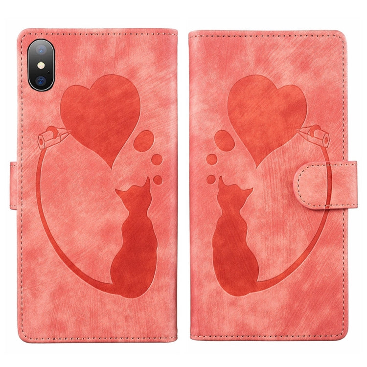 Custodia per telefono in pelle con penna a cuore e gatto in rilievo, For iPhone X / XS, For iPhone XR, For iPhone XS Max, For iPhone 7 Plus / 8 Plus