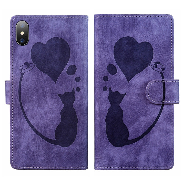 Custodia per telefono in pelle con penna a cuore e gatto in rilievo, For iPhone X / XS, For iPhone XR, For iPhone XS Max, For iPhone 7 Plus / 8 Plus