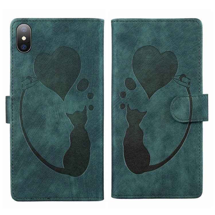 Custodia per telefono in pelle con penna a cuore e gatto in rilievo, For iPhone X / XS, For iPhone XR, For iPhone XS Max, For iPhone 7 Plus / 8 Plus