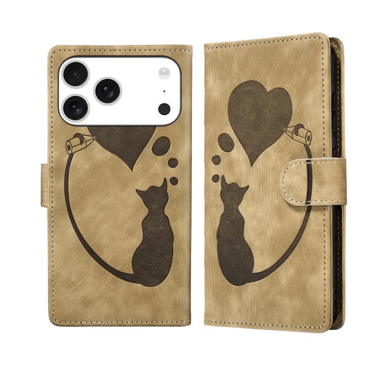 Custodia per telefono in pelle con penna a cuore e gatto in rilievo, For iPhone 17 Pro Max, For iPhone 17 Pro, For iPhone 17, For iPhone Air