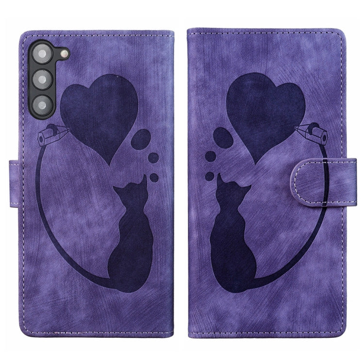 Custodia per telefono in pelle con penna a cuore e gatto in rilievo, For Samsung Galaxy A54 5G, For Samsung Galaxy S23 Ultra 5G, For Samsung Galaxy S23+ 5G, For Samsung Galaxy S23 5G