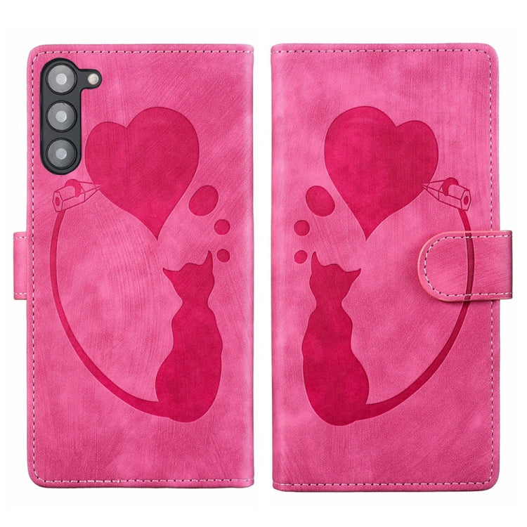 Custodia per telefono in pelle con penna a cuore e gatto in rilievo, For Samsung Galaxy A54 5G, For Samsung Galaxy S23 Ultra 5G, For Samsung Galaxy S23+ 5G, For Samsung Galaxy S23 5G