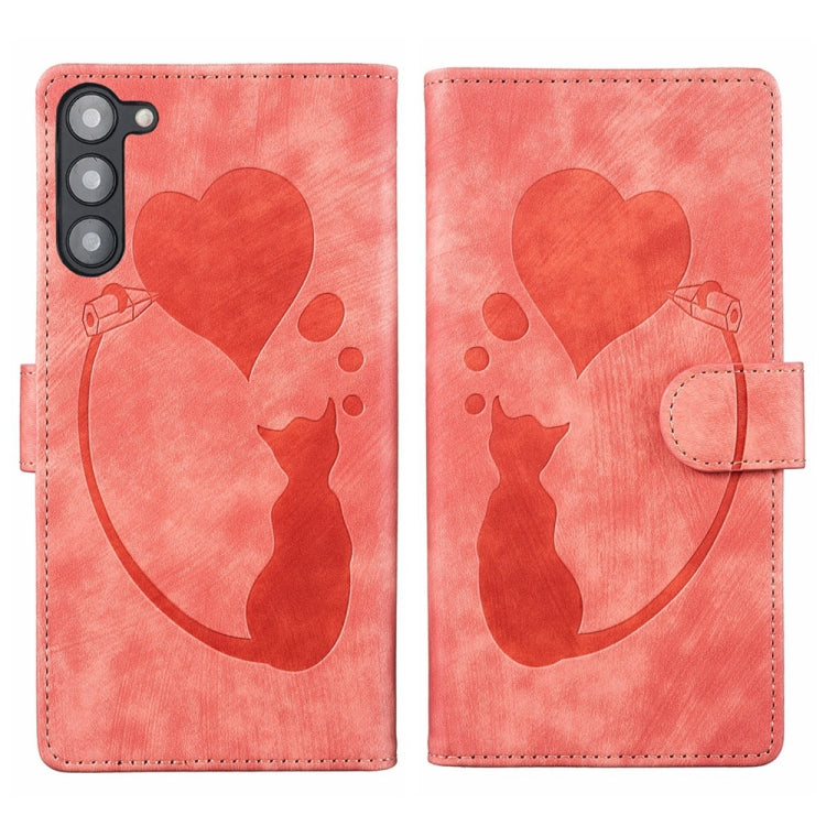 Custodia per telefono in pelle con penna a cuore e gatto in rilievo, For Samsung Galaxy A54 5G, For Samsung Galaxy S23 Ultra 5G, For Samsung Galaxy S23+ 5G, For Samsung Galaxy S23 5G
