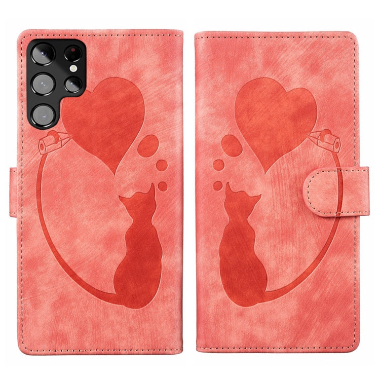 Custodia per telefono in pelle con penna a cuore e gatto in rilievo, For Samsung Galaxy S22 Ultra 5G, For Samsung Galaxy S22+ 5G, For Samsung Galaxy S22 5G, For Samsung Galaxy A52 5G / A52s 5G