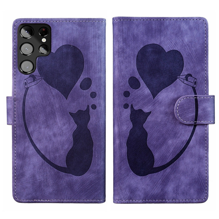 Custodia per telefono in pelle con penna a cuore e gatto in rilievo, For Samsung Galaxy S22 Ultra 5G, For Samsung Galaxy S22+ 5G, For Samsung Galaxy S22 5G, For Samsung Galaxy A52 5G / A52s 5G
