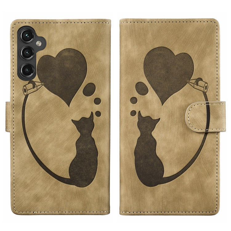 Custodia per telefono in pelle con penna a cuore e gatto in rilievo, For Samsung Galaxy S24+ 5G, For Samsung Galaxy S24 5G, For Samsung Galaxy A05s, For Samsung Galaxy A25 5G