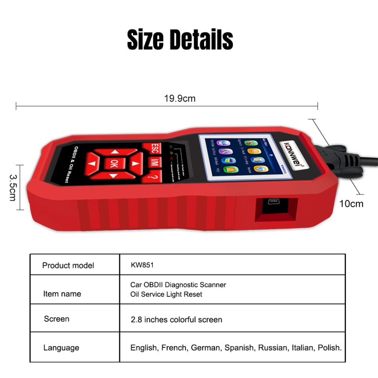 KONNWEI KW851 Ripristino della luce di servizio dell'olio dello strumento diagnostico per scanner OBDll per auto 2 in 1, KW851