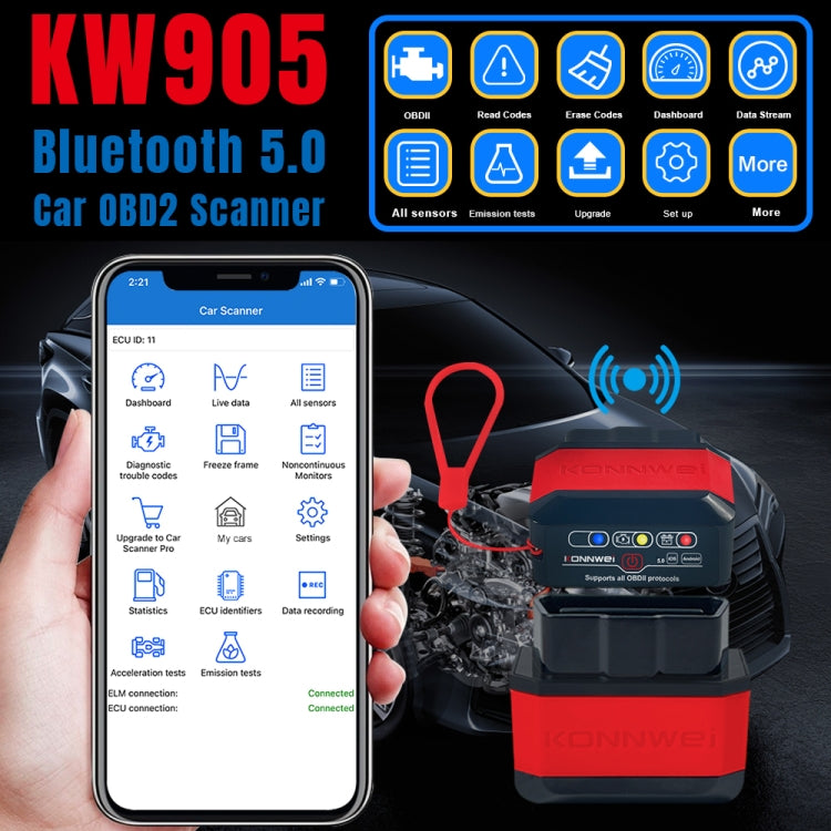 KONNWEI KW905 Bluetooth 5.0 Scanner OBD2 per auto Supporta Android e iOS, KW905