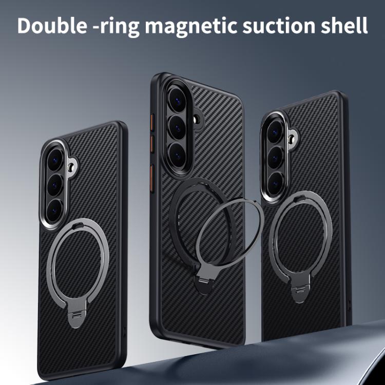 Custodia per telefono in fibra di carbonio con supporto MagSafe a doppio anello, For Samsung Galaxy S26+ 5G, For Samsung Galaxy S26 Ultra 5G, For Samsung Galaxy S26 5G, For Samsung Galaxy S25 5G, For Samsung Galaxy S25+ 5G, For Samsung Galaxy S25 Ultra...
