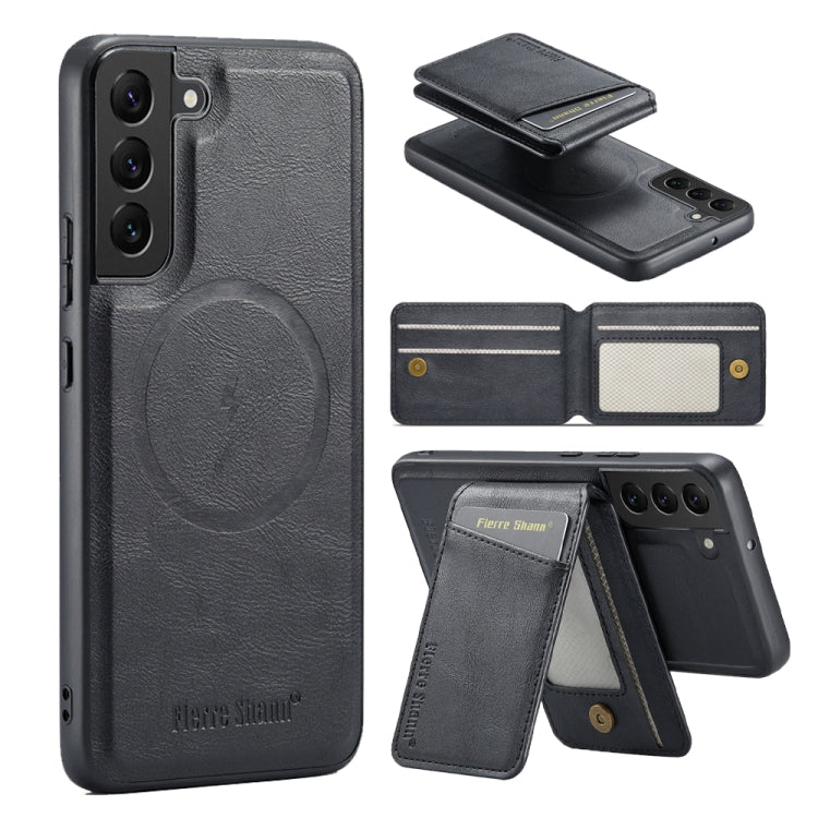 Custodia per telefono con porta carte magnetica in pelle di mucca Fierre Shann Oil Wax, For Samsung Galaxy S22+ 5G, For Samsung Galaxy S22 5G