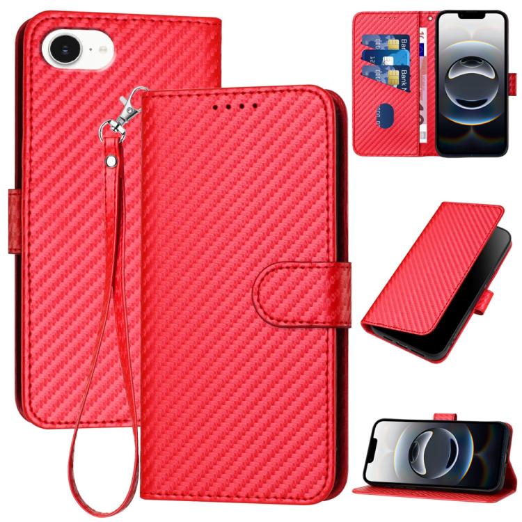 YX0070 Custodia per telefono in pelle con fibbia in fibra di carbonio con cordino, For iPhone 17e / 16e, For iPhone 17 Pro Max, For iPhone 17 Pro