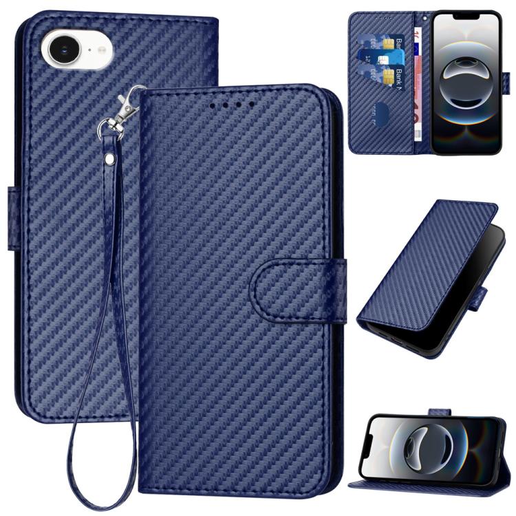 YX0070 Custodia per telefono in pelle con fibbia in fibra di carbonio con cordino, For iPhone 17e / 16e, For iPhone 17 Pro Max, For iPhone 17 Pro