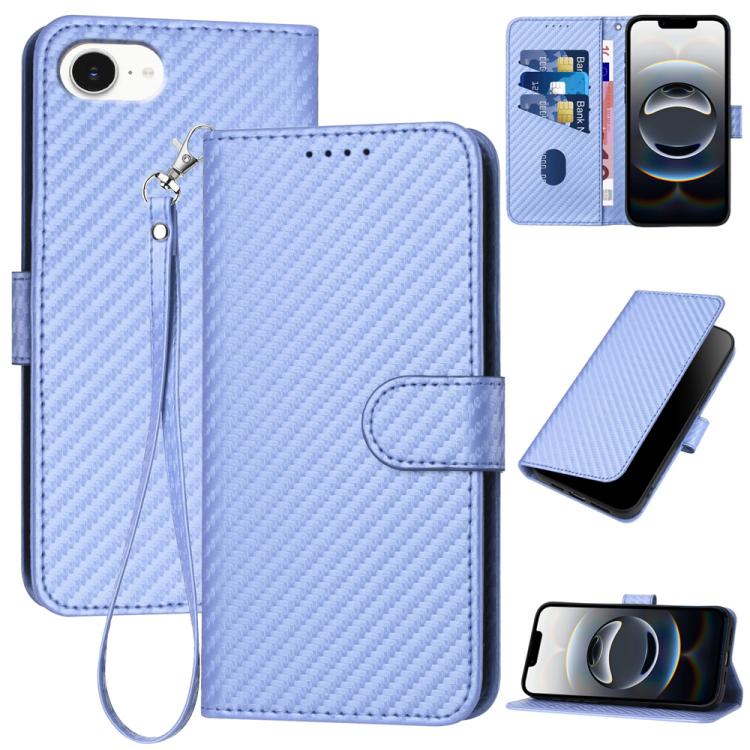 YX0070 Custodia per telefono in pelle con fibbia in fibra di carbonio con cordino, For iPhone 17e / 16e, For iPhone 17 Pro Max, For iPhone 17 Pro