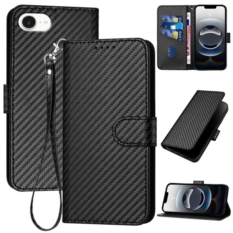 YX0070 Custodia per telefono in pelle con fibbia in fibra di carbonio con cordino, For iPhone 17e / 16e, For iPhone 17 Pro Max, For iPhone 17 Pro