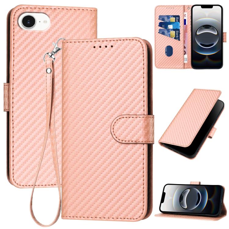 YX0070 Custodia per telefono in pelle con fibbia in fibra di carbonio con cordino, For iPhone 17e / 16e, For iPhone 17 Pro Max, For iPhone 17 Pro