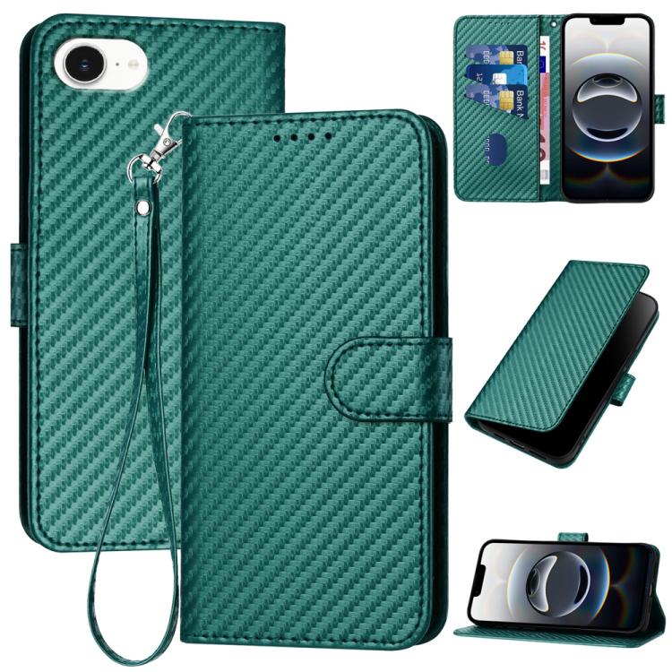 YX0070 Custodia per telefono in pelle con fibbia in fibra di carbonio con cordino, For iPhone 17e / 16e, For iPhone 17 Pro Max, For iPhone 17 Pro