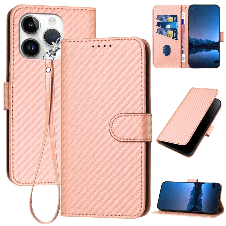 YX0070 Custodia per telefono in pelle con fibbia in fibra di carbonio con cordino, For iPhone 15 Pro Max, For iPhone 15 Pro, For iPhone 15 Plus