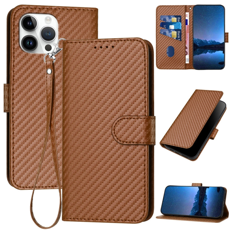 YX0070 Custodia per telefono in pelle con fibbia in fibra di carbonio con cordino, For iPhone 14 Pro, For iPhone 14 Pro Max, For iPhone SE 2022 / SE 2020 / 8 / 7
