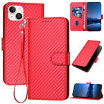 YX0070 Custodia per telefono in pelle con fibbia in fibra di carbonio con cordino, For iPhone 15, For iPhone 14 Plus, For iPhone 14